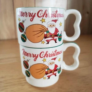 HOMCO Merry Christmas Santa Stacking Mugs Set of 2 Japan Retro Holiday Vintage - Picture 1 of 8