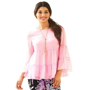 Top de volantes Lilly Pulitzer ZAZIE rosa tinte tropical clip dorado gasa talla pequeña - Imagen 1 de 14