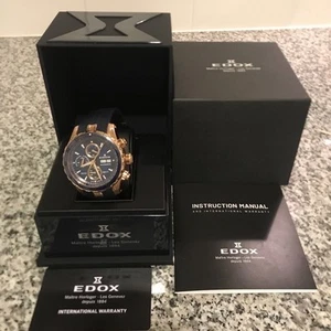 EDOX Grand Ocean Chronograph Automatic 45mm Blue Dial Gold PVD Men's Watch - Picture 1 of 8