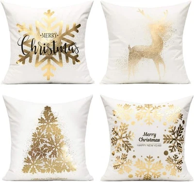 Juego de 4 fundas de almohada All Smiles decoraciones navideñas oro blanco 18X18 W Foto 1 de 4