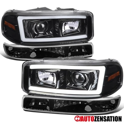Fit 1999-2006 Sierra Yukon Slick Black LED Bar Projector Headlights+Bumper Lamps Foto 1 de 4