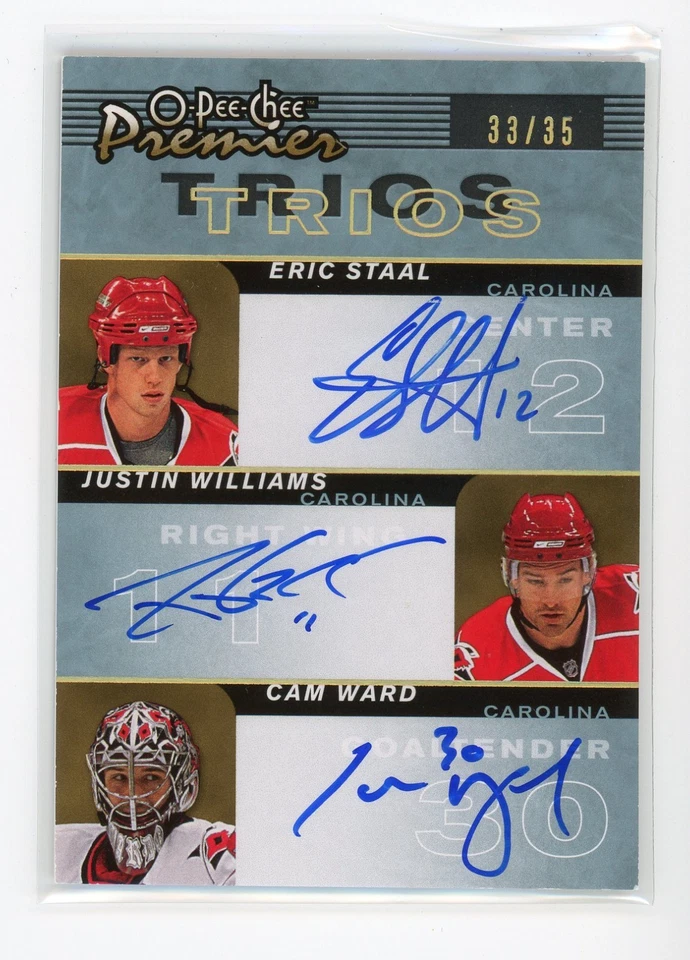 2007-08 O-Pee-Chee Premier Trios Eric Staal Justin Williams Cam Ward Auto /35 - Image 1 of 1