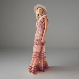 Free People One Waterlily Dusty Pink Maxi Dress Metallic Crochet LRG Boho - Picture 1 of 9