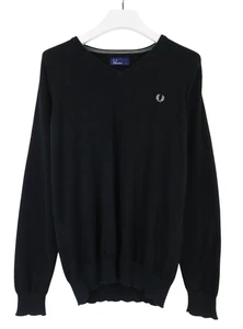 Jersey FRED PERRY GRANDE negro cuello en V tejido logotipo jersey algodón puro para hombre - Imagen 1 de 12