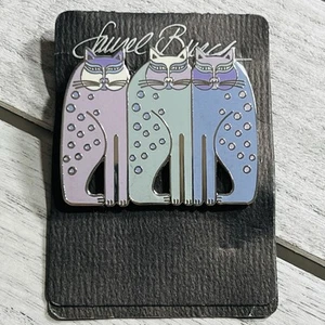 NOS Laurel Burch 3 SIAMESE CATS Signed LAVENDER SAGE LILAC Enamel XL PIN Brooch - Picture 1 of 8