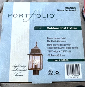Portfolio Outdoor Post Mount Lantern Rustic brown finish Seeded water glass NEW - Picture 1 of 7