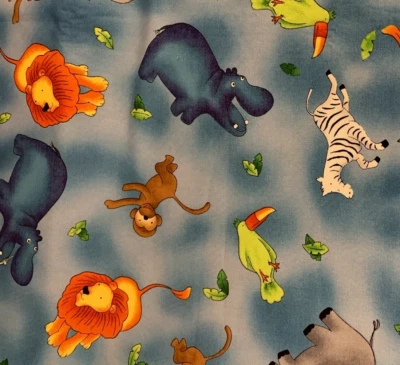 OOP "Suzie Q At The Zoo" By Fabri-Quilt Fabrics Elephants Lions Zebra Blue 1+Yds - Image 1 of 4