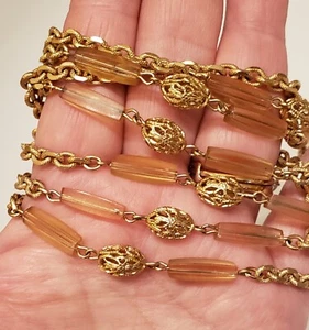 "CADENA DE ALETEO TRIFARI LUCITE ahumada con cuentas sin deslustre dorado trifanio 61"" artesanal" - Imagen 1 de 7