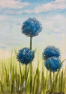 ACEO Original Painting Blue Lily Flowers Art Card Acrylic Color Landscape Small - Picture 1 of 2