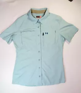 Under Armor Med blue short sleeve women's Loose Button Up Shirt Vented Pockets - Picture 1 of 12