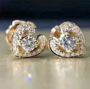 1.50Ct Round Lab-Created Diamond Heart Shape Studs Earrings 14K Yellow Gold Over - Picture 1 of 4