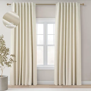 Cream Black Out Curtains 96 Inch Long, 100% Blackout Thermal Insulated Natural L - Picture 1 of 8
