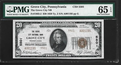 US Grove City, Pennsylvania $20 1929 PMG 65 EPQ UNC Fr #1802-2 The Grove City NB - Image 1 of 4