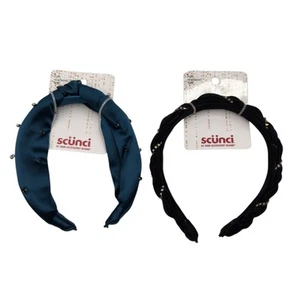 Scunci Deep Teal and Black Fabric Hair Headband 2 Pcs Set with Jewels Bundle - Picture 1 of 15