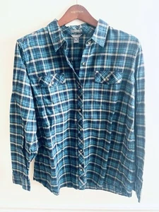 Camicia donna Eddie Bauer blu grigia a quadri XL manica lunga con bottoni in flanella - Foto 1 di 7