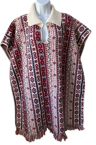 Vintage 70s Scandinavian Hippie Poncho Knit Nordic One Size Tailgate Fringe Rare - Picture 1 of 6