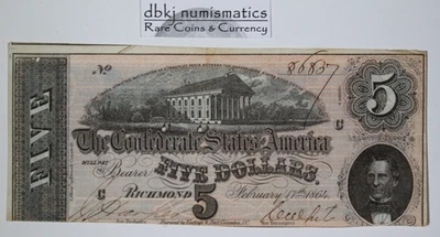1864 - T-69 - $5 Confederate States of America  CSA - XF - Extra Fine - Image 1 of 3