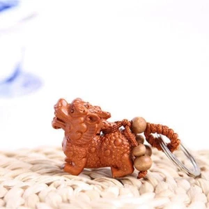 Wood 3D Carving Chinese Wealth Pixiu Pi Yao Statue Sculpture Pendant Key Chain - Picture 1 of 9