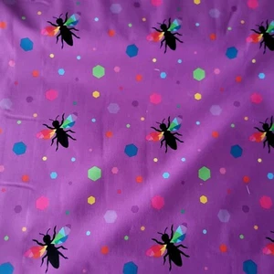 Riley Black "Create" Bee Insects on Purple w/ Colorful Hexies Cotton Shirting - Picture 1 of 4