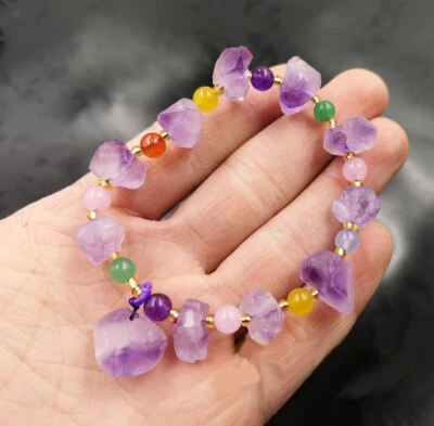 Pure Natural Amethyst Original Stone & Multi-Color Jade Stretchy Bangle Bracelet - Image 1 of 4