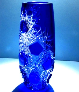 LG CAESAR CRYSTAL Blue Vase Hand Cut to Clear Overlay Czech Bohemian Cased - Picture 1 of 11