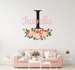 Flowers Custom Name & Initial Wall Decal - Custom Peonies Wall Art Decor Mural - Picture 1 of 9