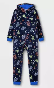 Gamer Jungen Pjs XS PJ Overall mit Kapuze Blau Fleece Neon Farbe Gaming Cat & Jack - Bild 1 von 12