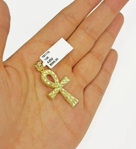 Real 10k Yellow Gold Ankh Cross charm Nugget Pendant 2 Inch For Men's 10 KT / AS - Picture 1 of 7