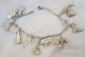 Antique 1920's Sterling Silver Charm Bracelet 11 Charms Articulated Charms - Picture 1 of 11