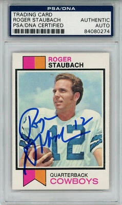Roger Staubach Autographed 1973 Topps #475 Trading Card PSA Slab 43561 - Image 1 of 2