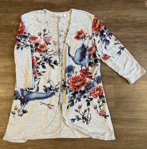 Quacker Factory Art To Wear Women Cardigan L Gray Floral Crane Bling Knit D43 - Picture 1 of 6