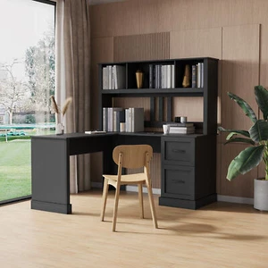 L-Shaped Computer Desk Storage Shelves Home Office Corner Desk Table with Hutch - Picture 1 of 9