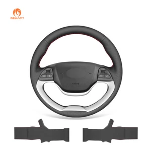 Black PU Leather Car Steering Wheel Cover for Kia Picanto 2 2016 - Imagen 1 de 8