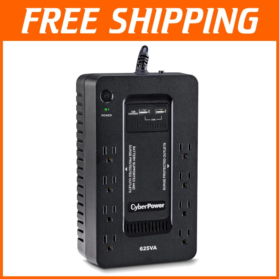 625VA UPS Power Supply with 8 Outlets and USB Ports for Home Office Protection - Image 1 of 4