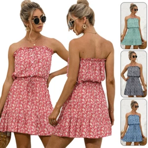 Women Floral Boho Mini Dress Summer Beach Holiday Flared Tube Top Sundress Short - Picture 1 of 15
