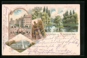 Lithographie Magdeburg, Hasselbach-Brunnen, Grusonsches Gewächshaus, Frieden-De  - Picture 1 of 2