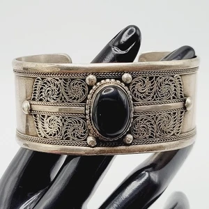 Tibetan Cuff Black Onyx Domed Center Embossed Silver Tone Vintage Cuff Bracelet - Picture 1 of 24