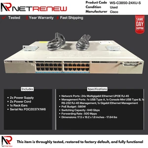 Cisco WS-C3850-24XU-S 24-Port UPoE Network Switch FOC2037X1W6 - Photo 1/5