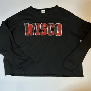 Victoria Secret PINK Wisconsin Badgers Sweatshirt Black Red Raw Hem Sz L NWT - Picture 1 of 9