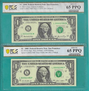2006/2009 $1 2X MATCHING LOW Serial Number 4 Digit 00002396 PCGS Graded 65/65PPQ - Picture 1 of 2