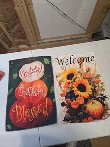 Set of 2 Fall Garden Flags Double Sided 12x18 – Pumpkins Sunflowers Welcome... - Picture 1 of 7