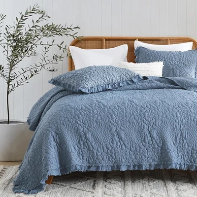 NEW Anthro Dusty Blue Boho Ruffle Crinkle Queen / King Bedding Quilt & Sham Set - Image 1 of 4
