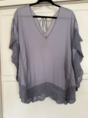 🦋 Johnny Was Soft Gray Cotton Poncho Tunic Top w Scalloped Lace Trim Sz XS NWOT - Image 1 of 4