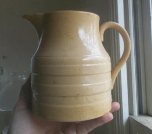 ANTIQUE YELLOWWARE PITCHER WITH BANDS APPLIED HANDLE OHIO POTTERY? - Picture 1 of 9