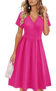 WOMEN'S DRESS, SHORT SLEEVE V NECK WRAP DRESS, SUMMER CASUAL - Picture 1 of 6