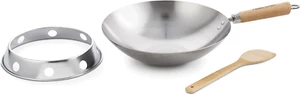 Helen'S Asian round Bottom Wok Set, Carbon Steel and Bamboo, 12-Inches, 4-Piece - Picture 1 of 11