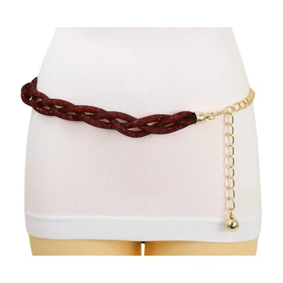 Mujeres Negro Malla Trenzado Moda Cinturón Cuentas Rojas Oro Cadena Eslabones Ajustables S M Foto 1 de 4