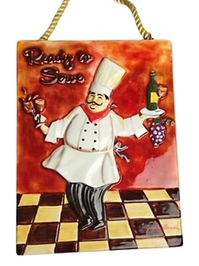 Chef "Ready to Serve" Decoration Porcelain Wine Plaque By Jennifer Sosik 6" x 8" - Picture 1 of 4