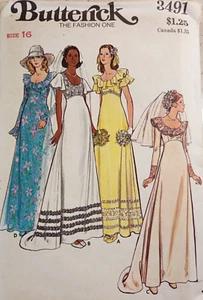 BUTTERICK 3491 DE COLECCIÓN AÑOS 70 Vestido de Novia Vestido Alto Corpiño Volantes 16 SIN CORTAR Coser - Imagen 1 de 10