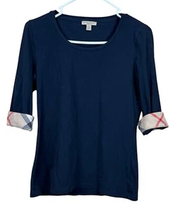 Camicia BURBERRY Brit Nova check con polsino a quadri da donna manica a 3/4 blu navy designer di lusso M - Foto 1 di 4